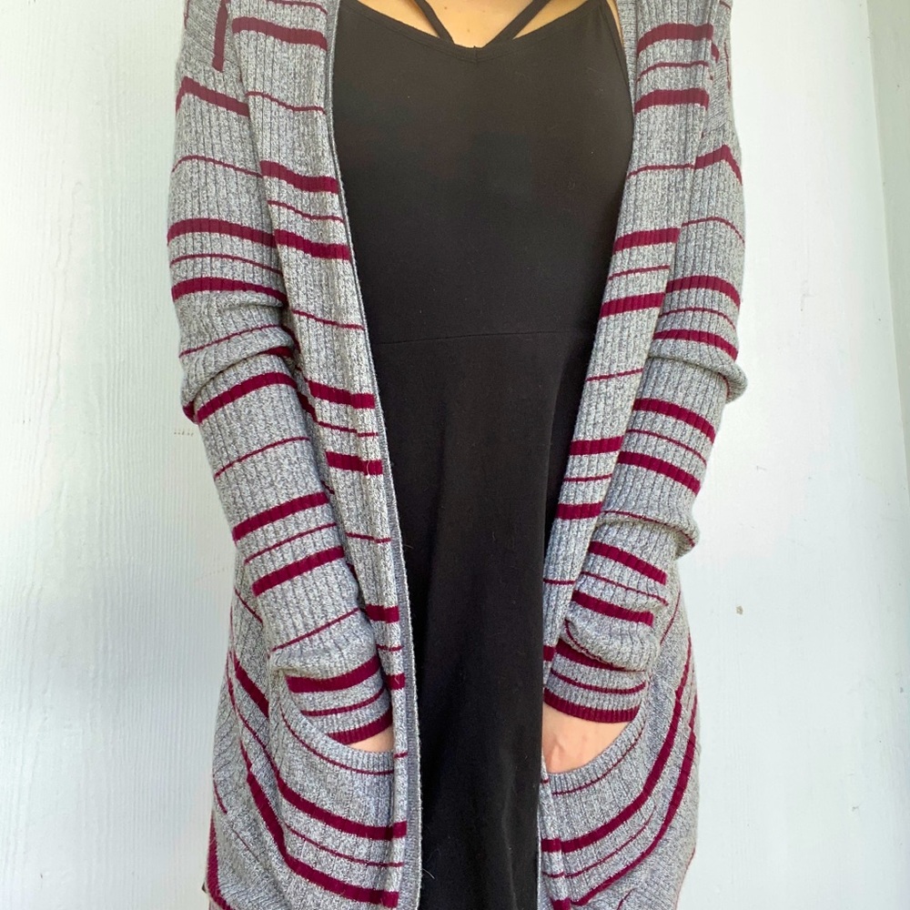 Gray and maroon striped cardigan